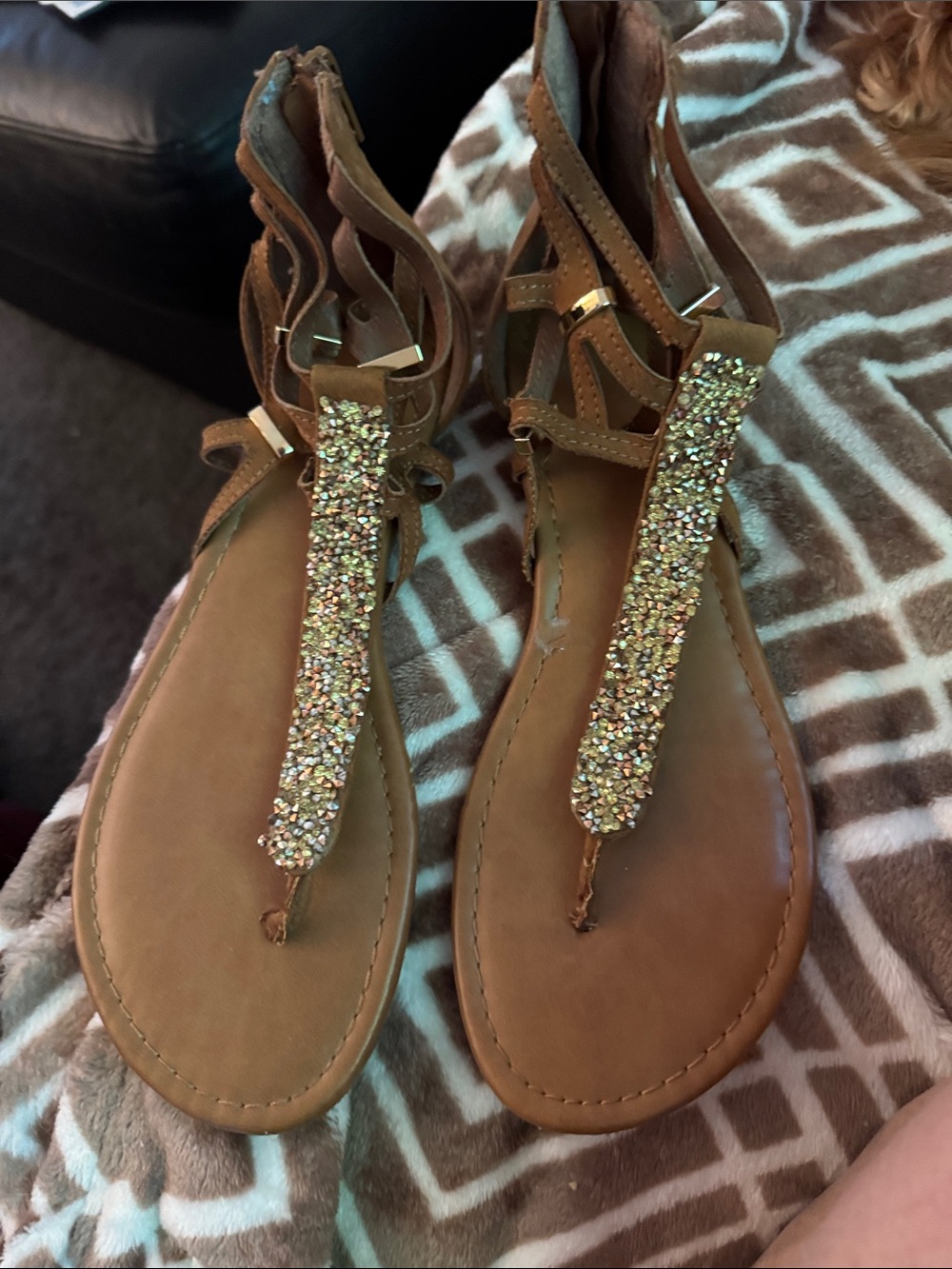 Route 66 Tan Jeweled T-Strap Sandals